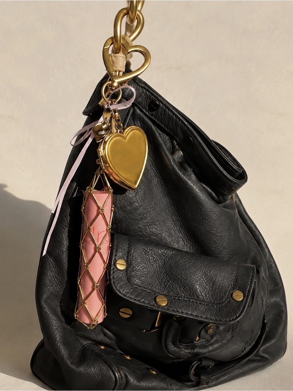 Gold Heart Charm Keychain Bag Accessory - Lipstick holder